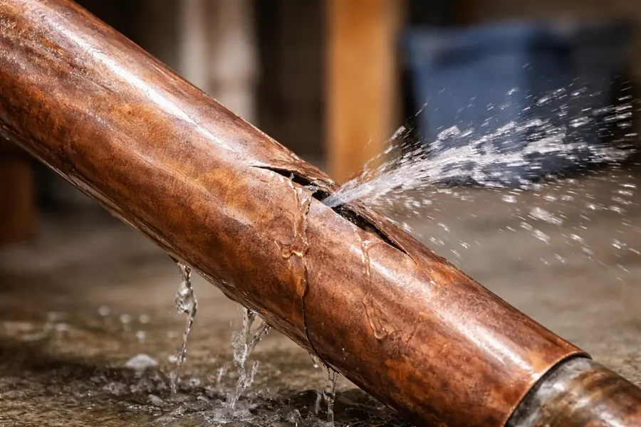 A burst copper pipe spraying water in a Forney, TX home