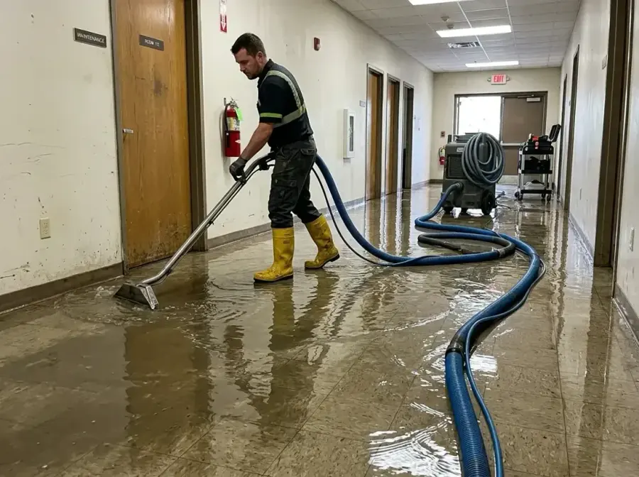 A technician in protective gear cleaning up a Category 3 water backup in Forney, TX