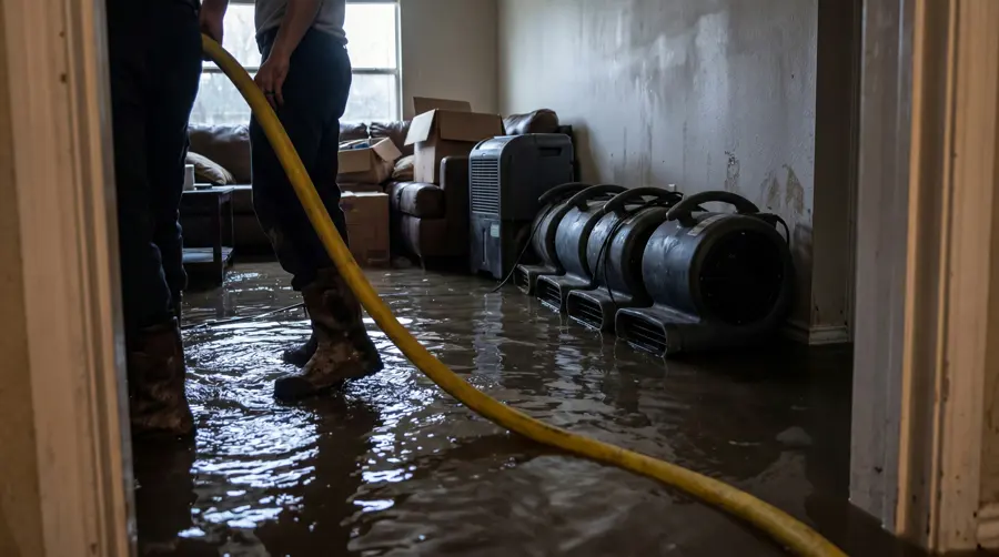 Storm and flash flood water damage being cleaned up in a Forney, TX home