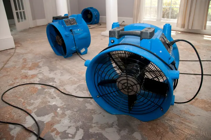 Air movers and a dehumidifier drying a room in a Forney, TX home