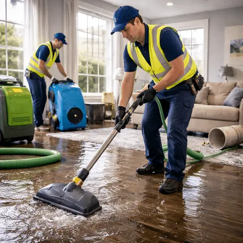 A technician extracting standing water from a Forney, TX floor