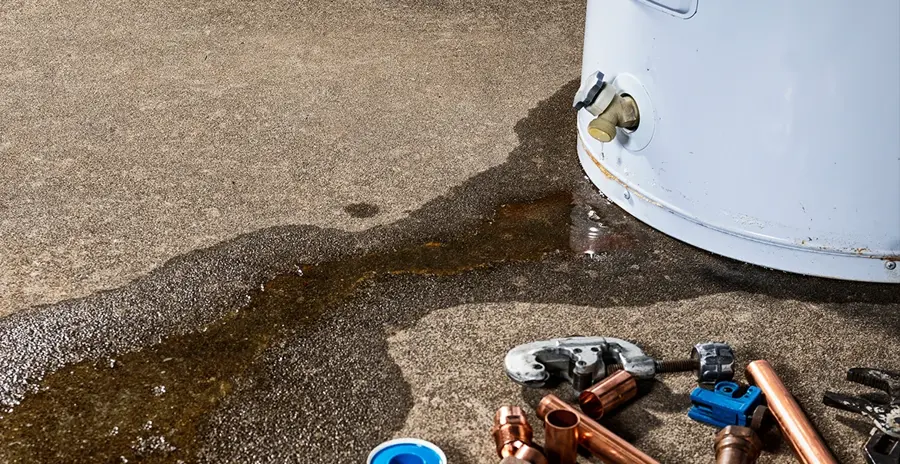 A failed water heater flooding a garage floor in Forney, TX